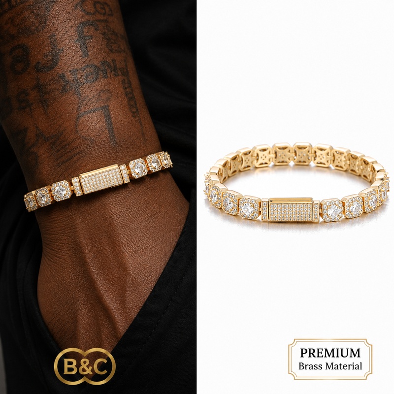 Tennis Bracelet Cubic - B&C Altın Tenis Bilekliği Erkek Kare